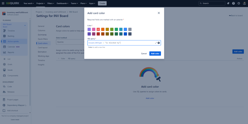 Screenshot showing how to add colors to cards in Jira to show dependencies