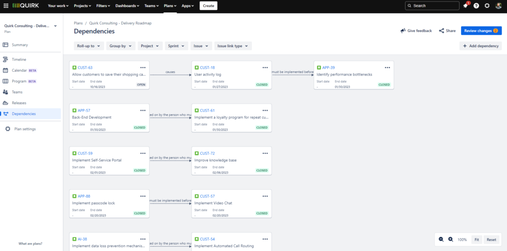 Screenshot showing the dependency report in Jira Plans